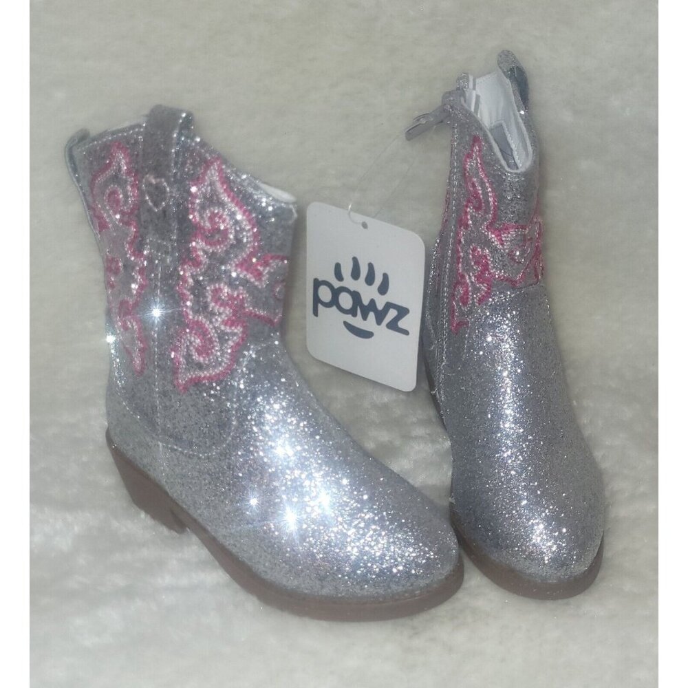 Cowboy Boots LITTLE KIDS Size US 9 Silver Pink detail Sparkle Glitter By Pawz